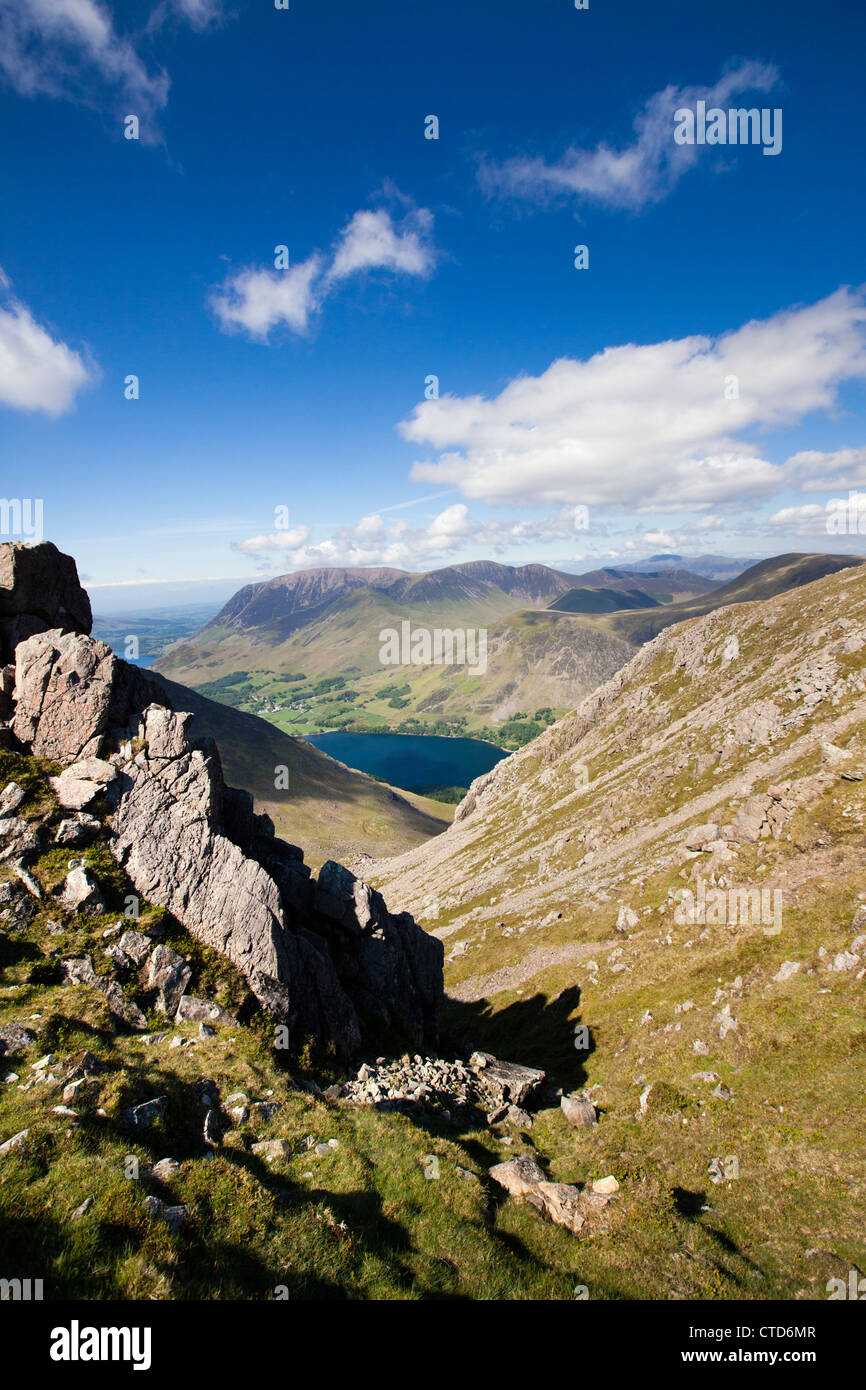 Buttermere Lake Viewed From High On Haystacks Mountain Grasmoor In Distance, The Lake District Cumbria Lakeland England UK Stock Photo