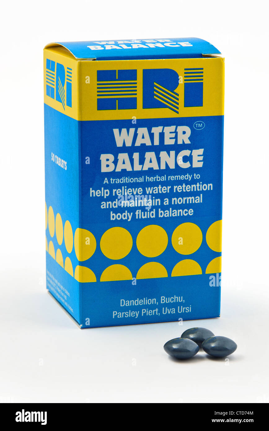 HRI Water balance tablets containing dandelion, buchu, parsley, ulva ursi. A herbal remedy to help relieve water retention. Stock Photo