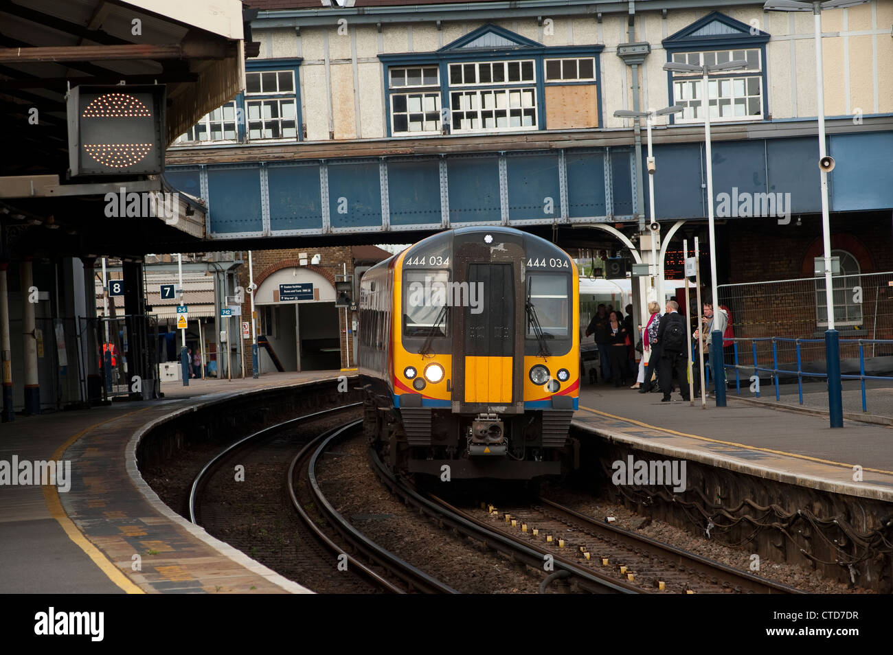 Class 444 passenger train in South West Trains livery at Clapham Junction station, England. Stock Photo