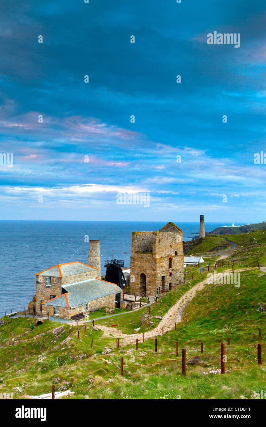 Levant and Geevor; old mine buildings; Cornwall; UK; looking towards Pendeen Lighthouse Stock Photo