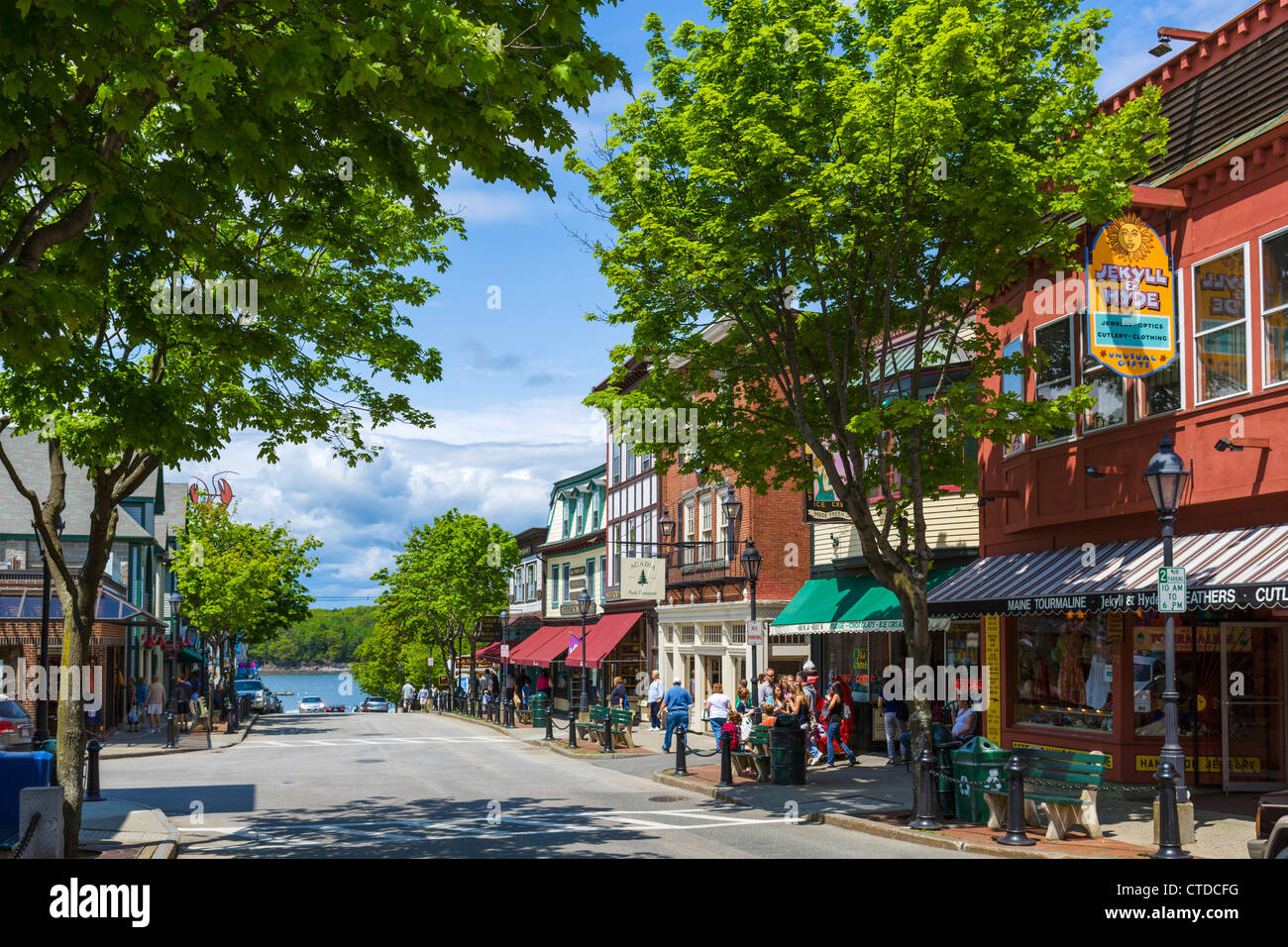 View down Main Street towards the harbour, Bar Harbor, Mount Desert