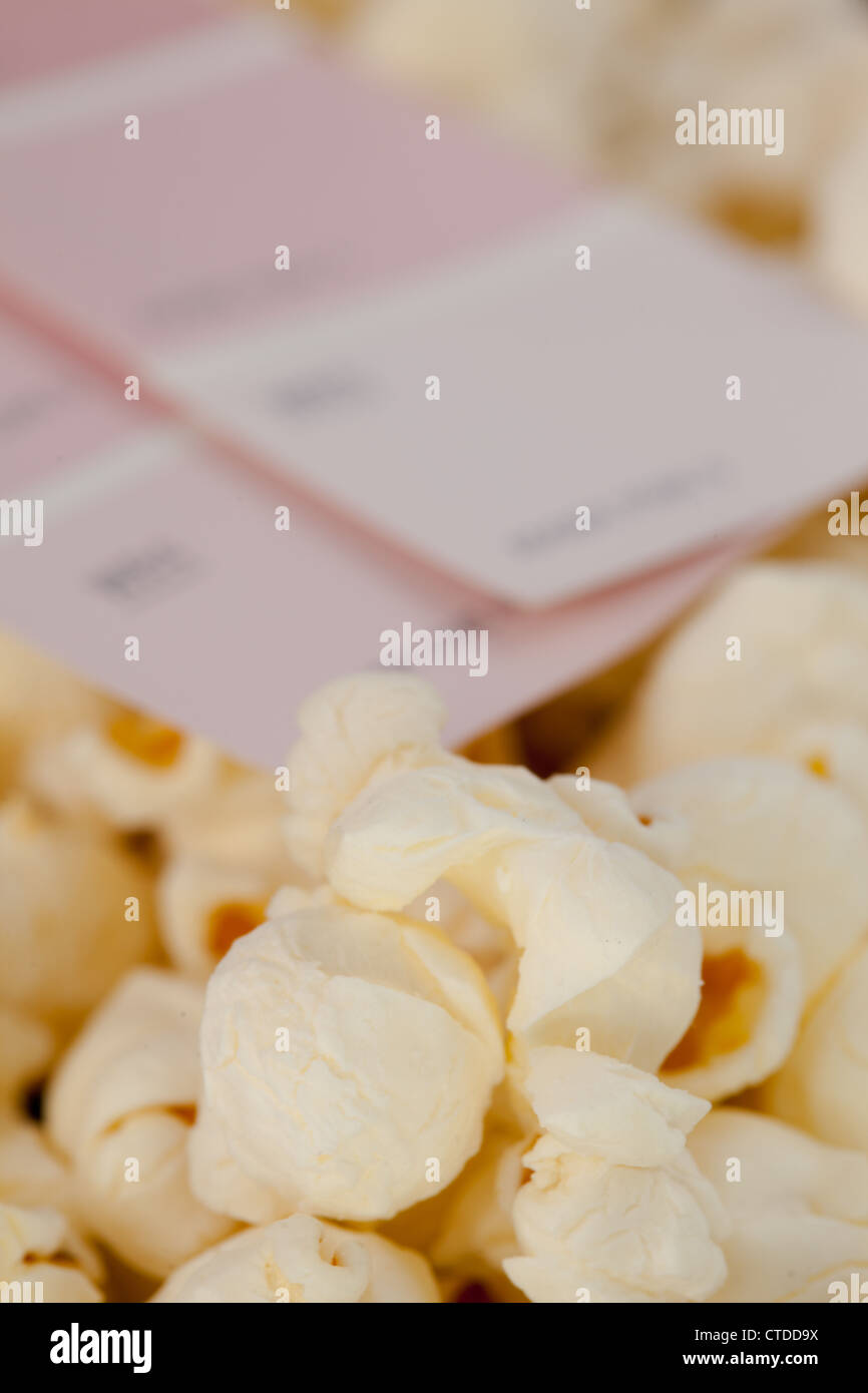 Pop corn and cinema tickets Stock Photo