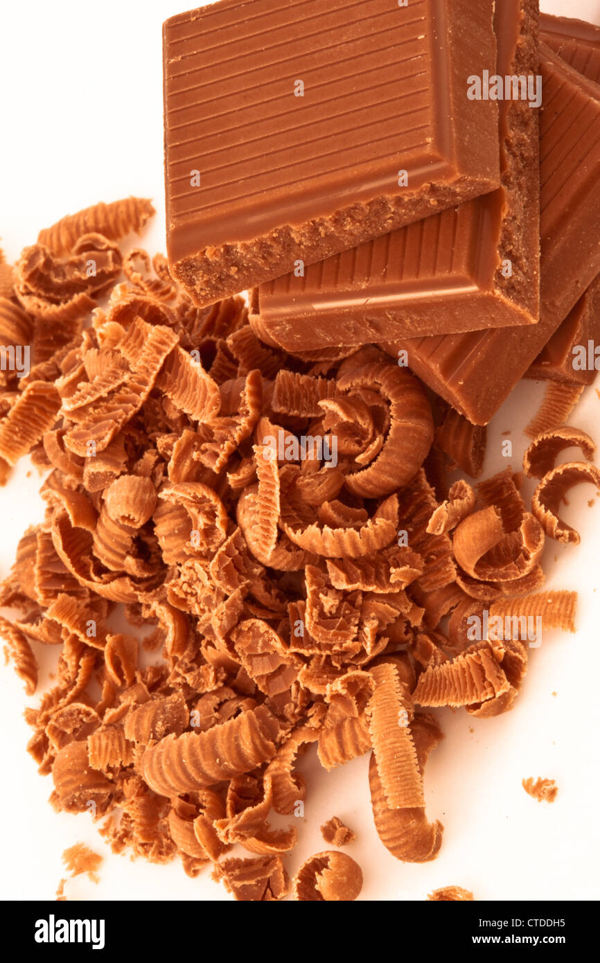 Close up of pile of chocolate pieces and chocolate shavings Stock Photo