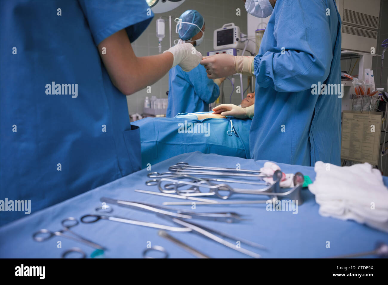Surgical tools displayed on a surgical tray in an operating theater ...