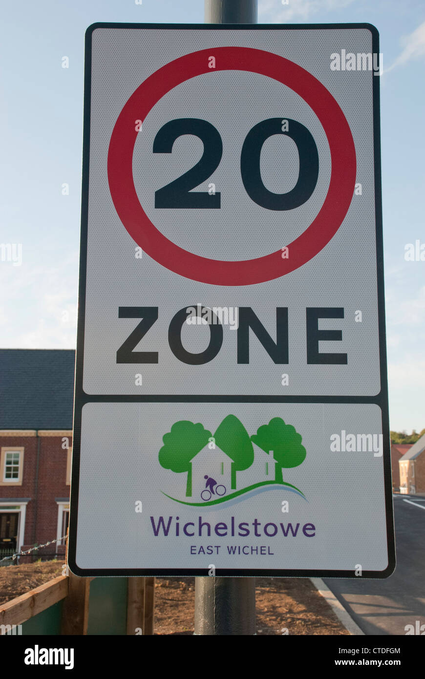 A 20mph speed limit sign on the entrance road to East Wichel in Swindon's Wichelstowe development. Stock Photo