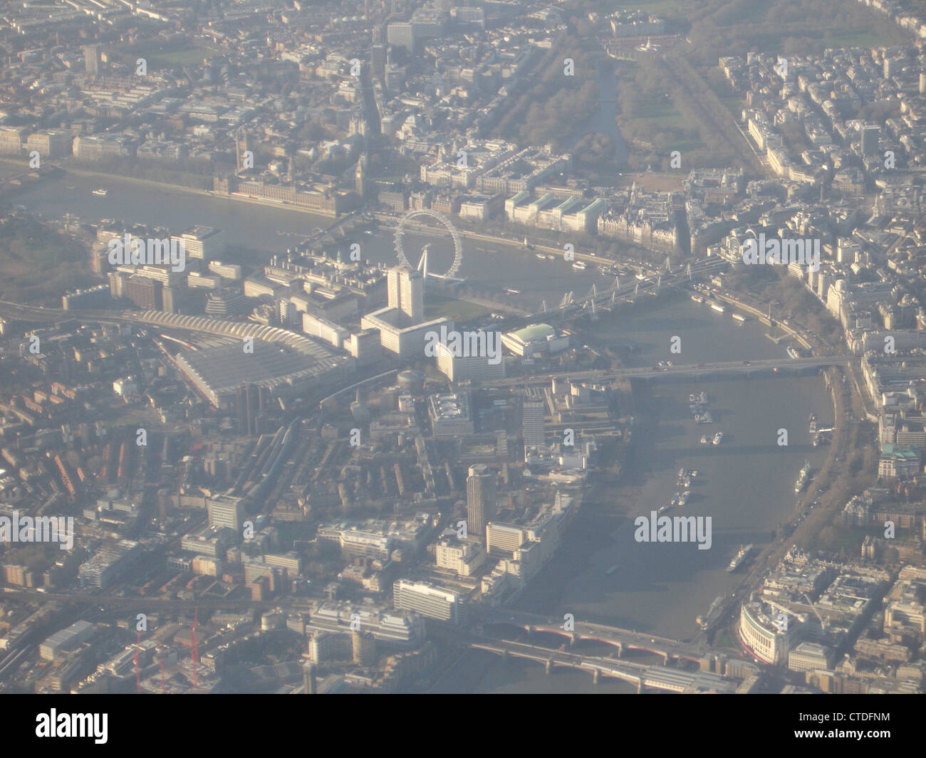 Aerial view of London's South Bank, Thames and Whitehall and Westminster Stock Photo