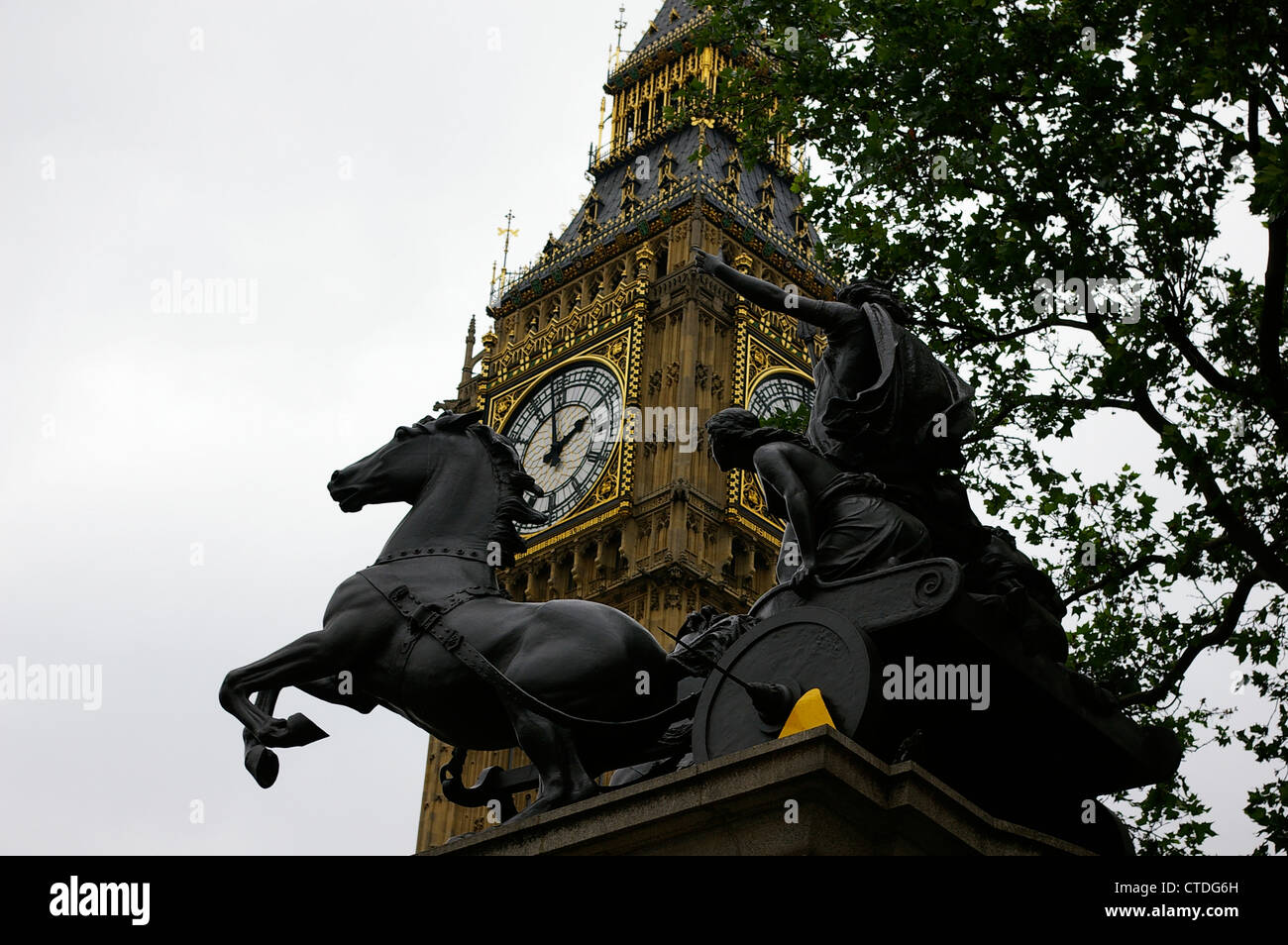 Boadicea statue on London's Embankment, with artist Banksy's wheel clamp attached. Stock Photo