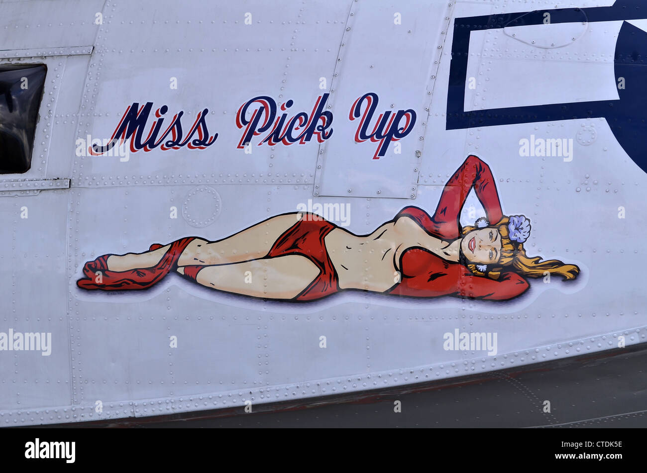 'Miss Pick Up' nose art on a Canadian Vickers PVB-1A Canso flying boat. The Canso was a Canadian-built PBY Catalina. Stock Photo
