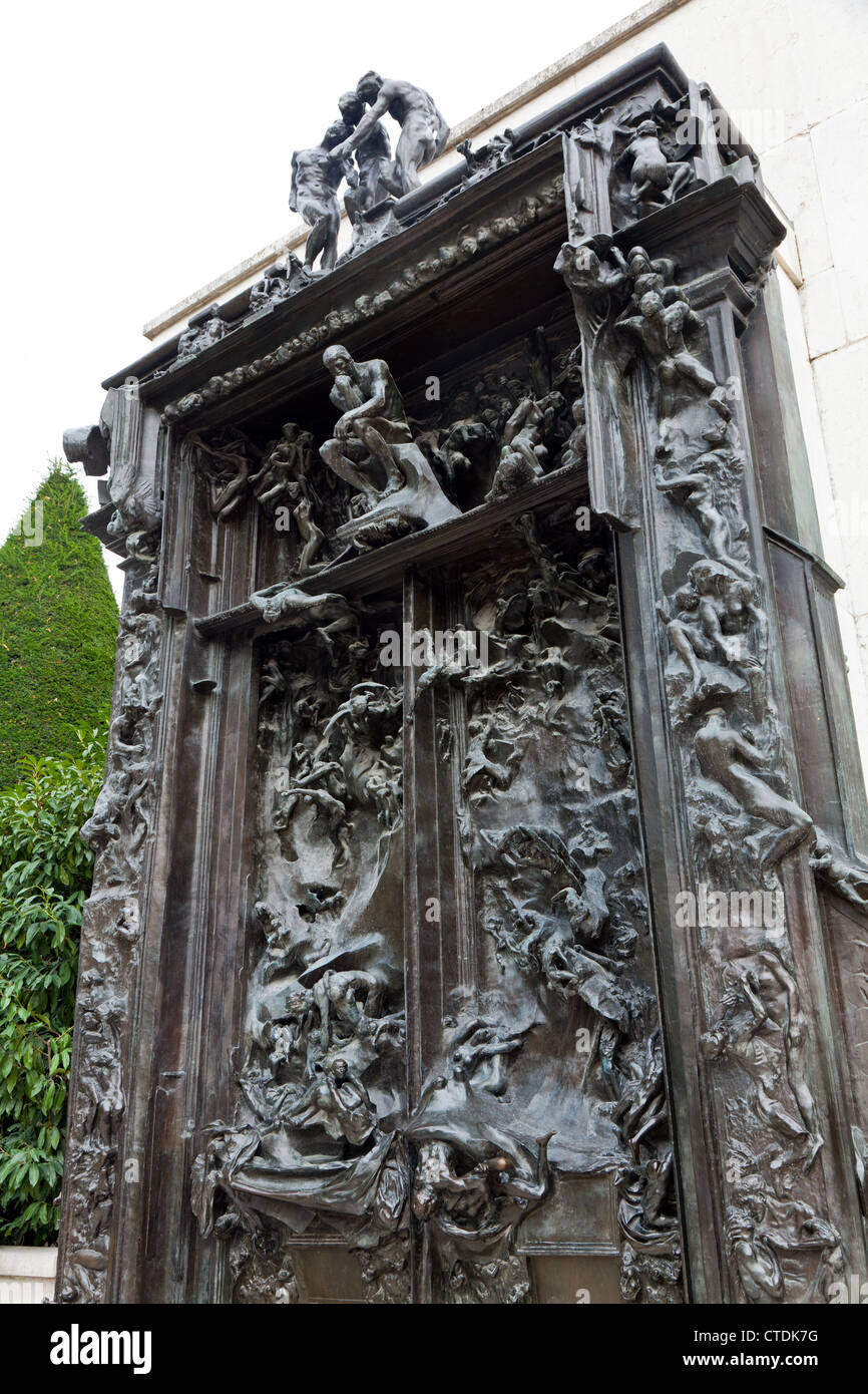 Close-up of Rodin's famous 'The Gates of Hell' which occupies a place of pride in the gardens of the Rodin Museum. Stock Photo