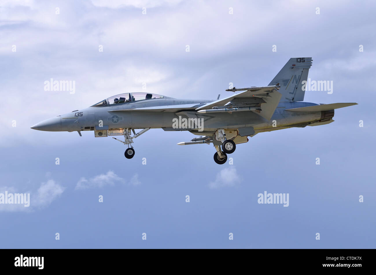 Boeing F/A-18F Super Hornet operated by VFA-122 of the US Navy on approach for landing at Farnborough International Airshow 2012 Stock Photo