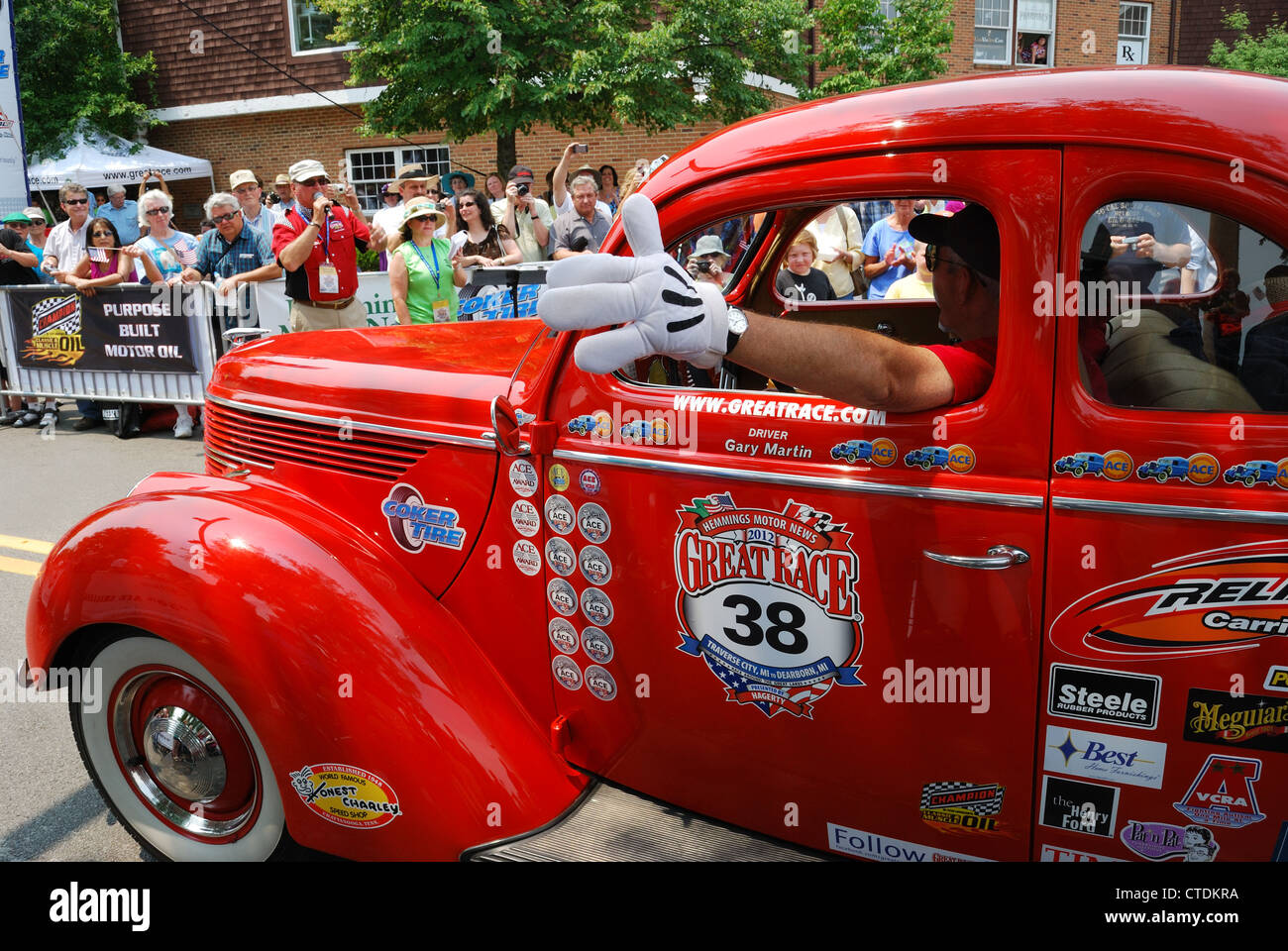 Car 38 approaches end line of Watertown to Rochester, NY leg of The Great Race. Stock Photo