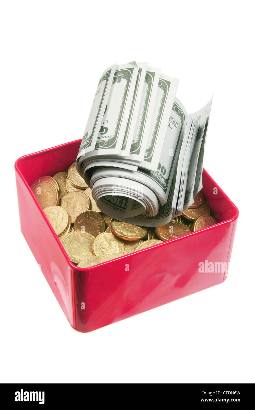 Dollar Notes and Coins in Box Stock Photo Alamy