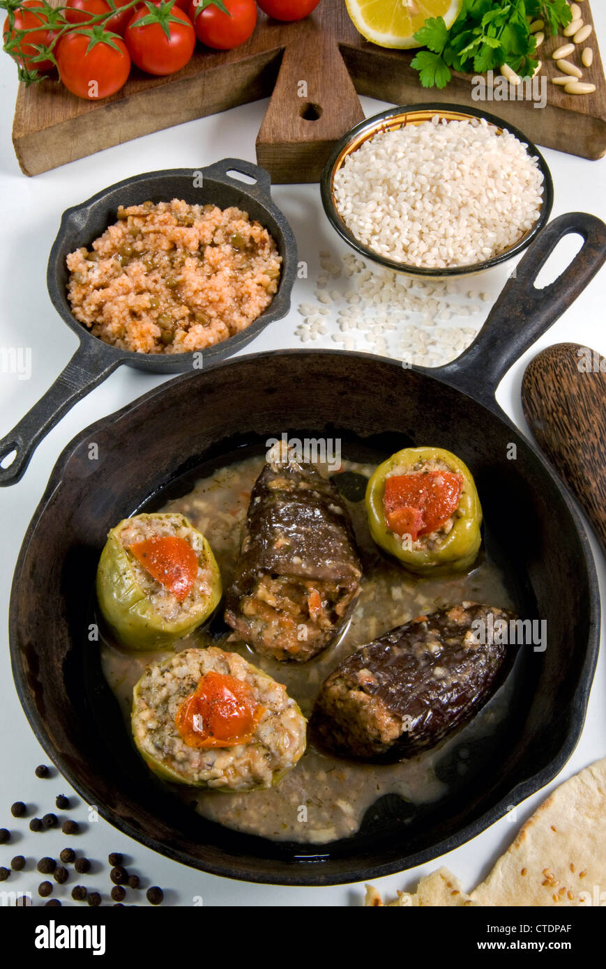 Biber Dolmasi, stuffed capsicum with meat, spices and rice, Turkish food, Turkey Stock Photo