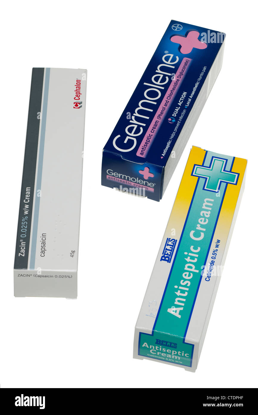 Three boxed remedy creams for applying to the skin Capsaicin, germolene and antiseptic cream Stock Photo