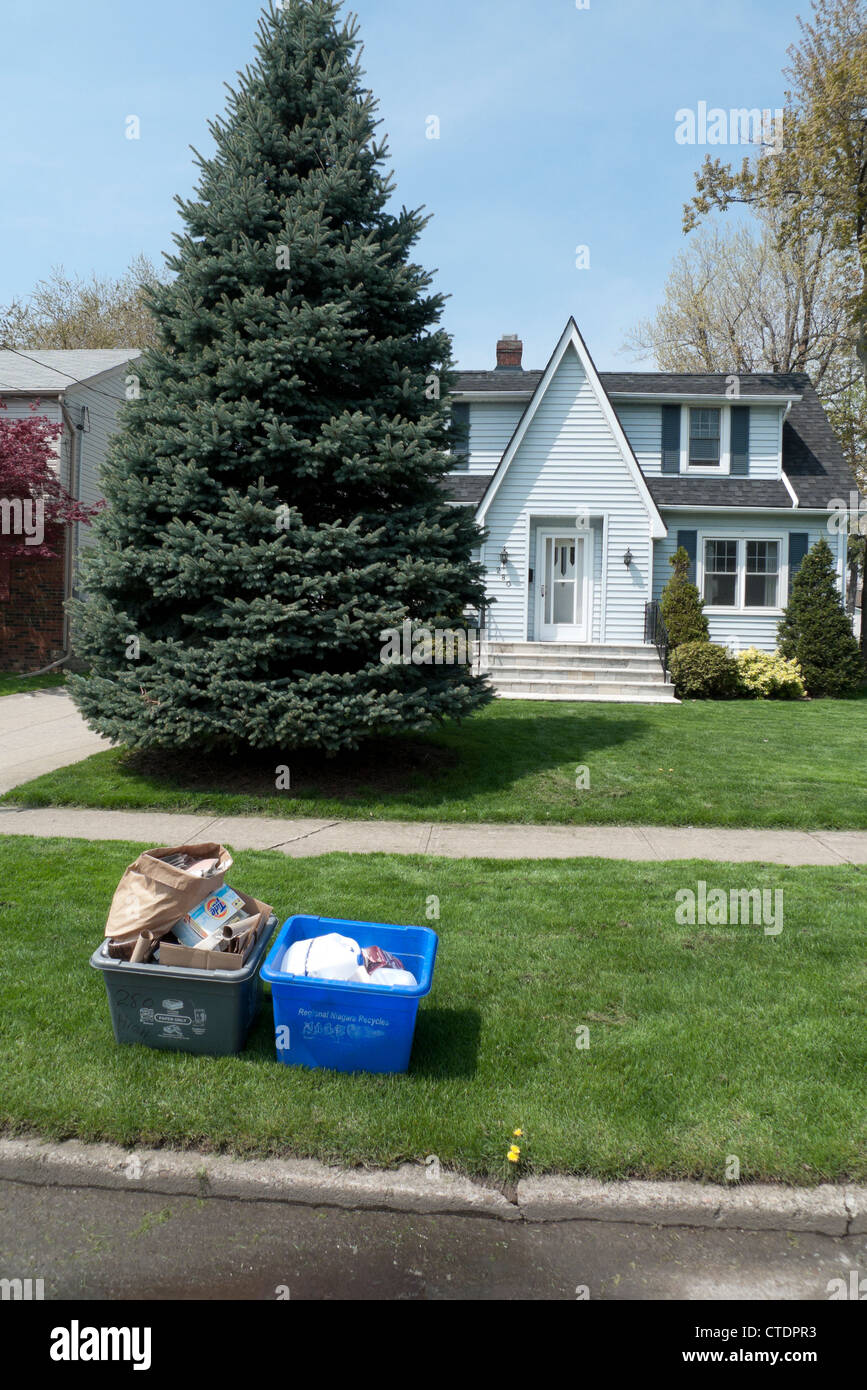 Kerbside household recycling boxes outside a house in Fort Erie Ontario Canada Stock Photo