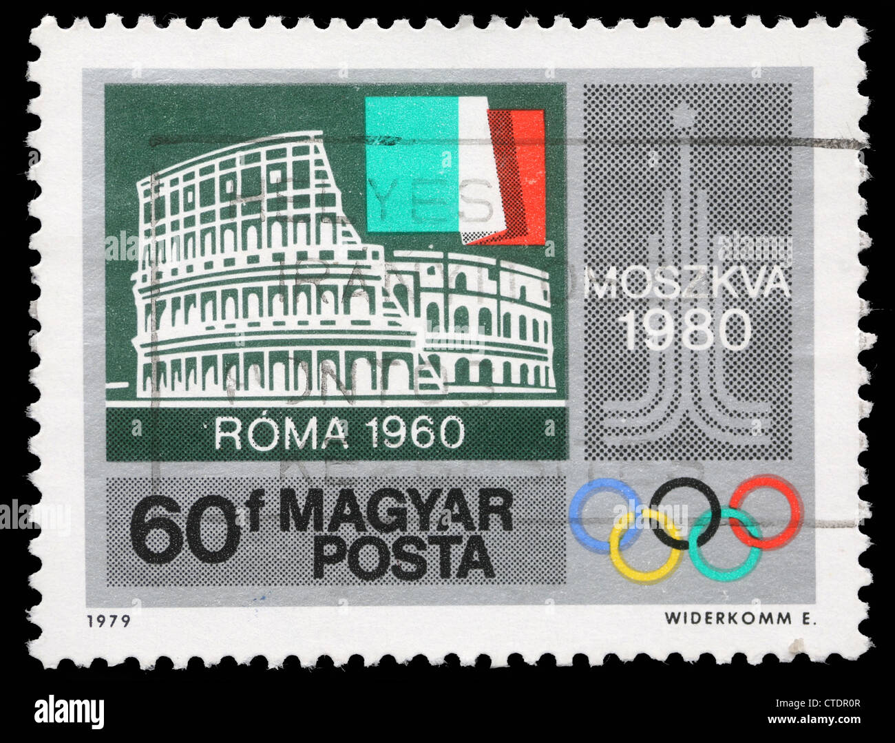 HUNGARY - CIRCA 1979: stamp printed by Hungary, shows Colosseum, Rome, Italian flag, Moscow Emblem, circa 1979 Stock Photo