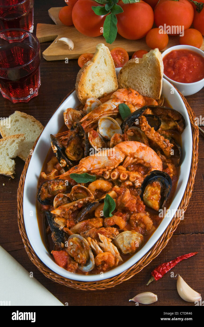 Cacciucco, Italian fish stew consisting of several different types of
