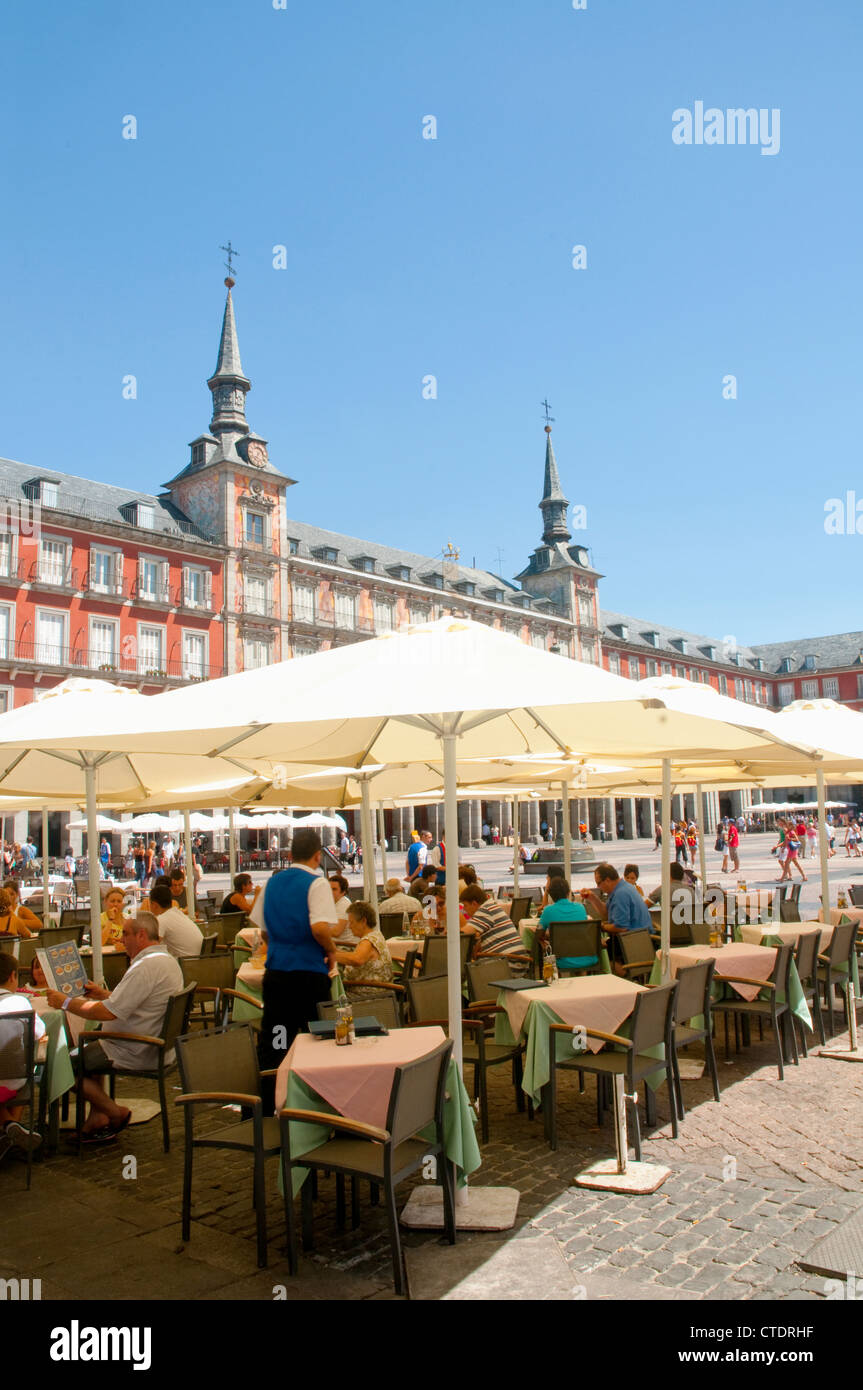 Terraces at Main Square. Madrid, Spain. Stock Photo