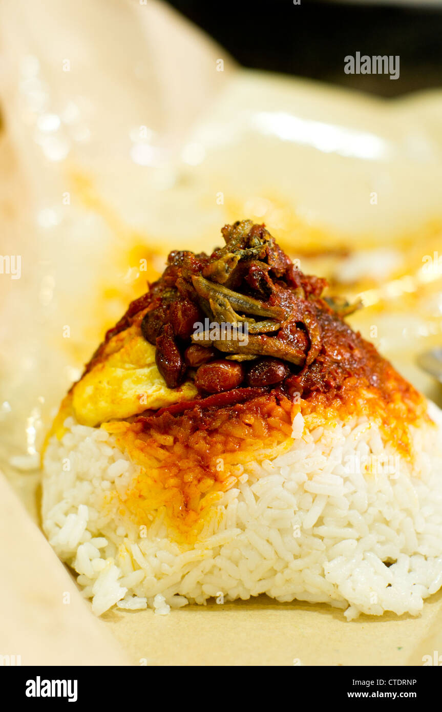close up shot of nasi lemak, a common malaysia food, photo is taken at Kuala Lumpur. Stock Photo