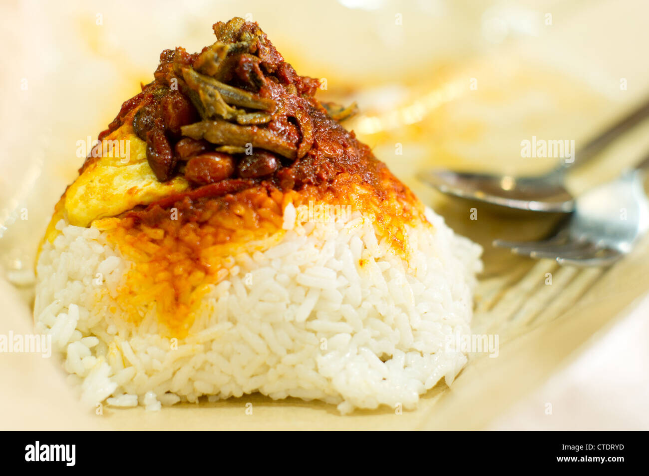 close up shot of nasi lemak, a common malaysia food, photo is taken at Kuala Lumpur. Stock Photo