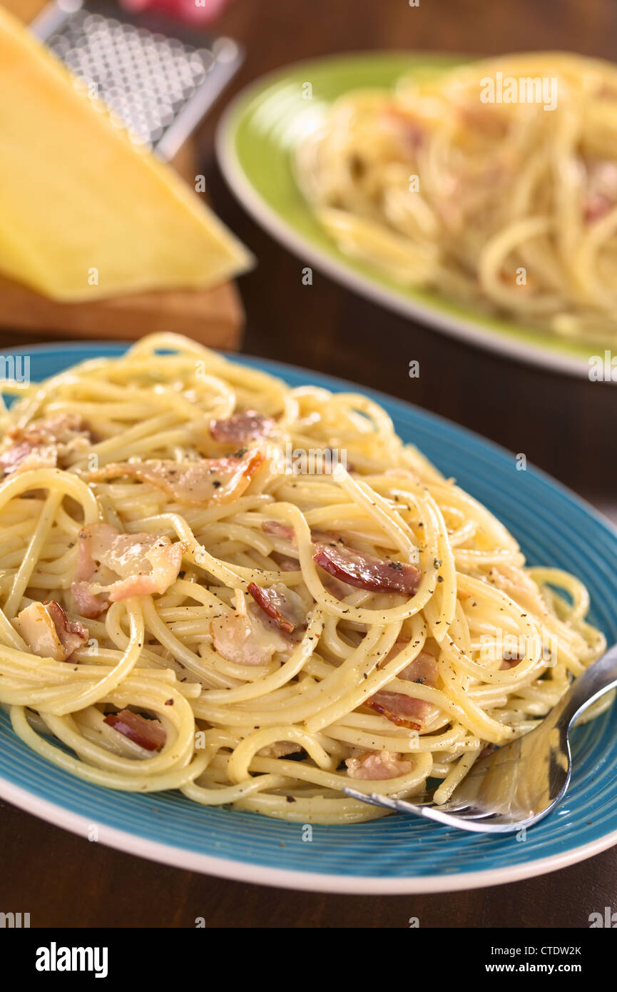 Spaghetti alla Carbonara made with bacon, eggs, cheese and black pepper