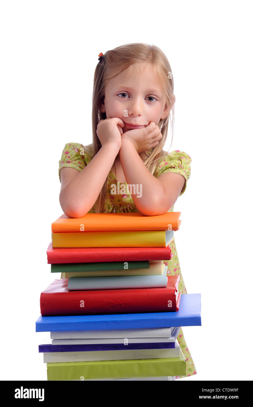 back to school : girl with stack of books Stock Photo - Alamy