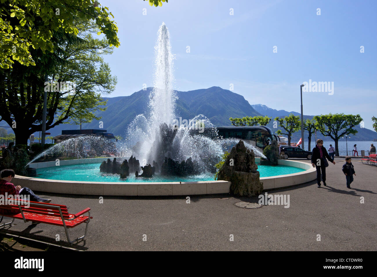 Fountain at Piazza Manzoni, city of Lugano, Lake Lugano, Ticino, Switzerland, Europe Stock Photo