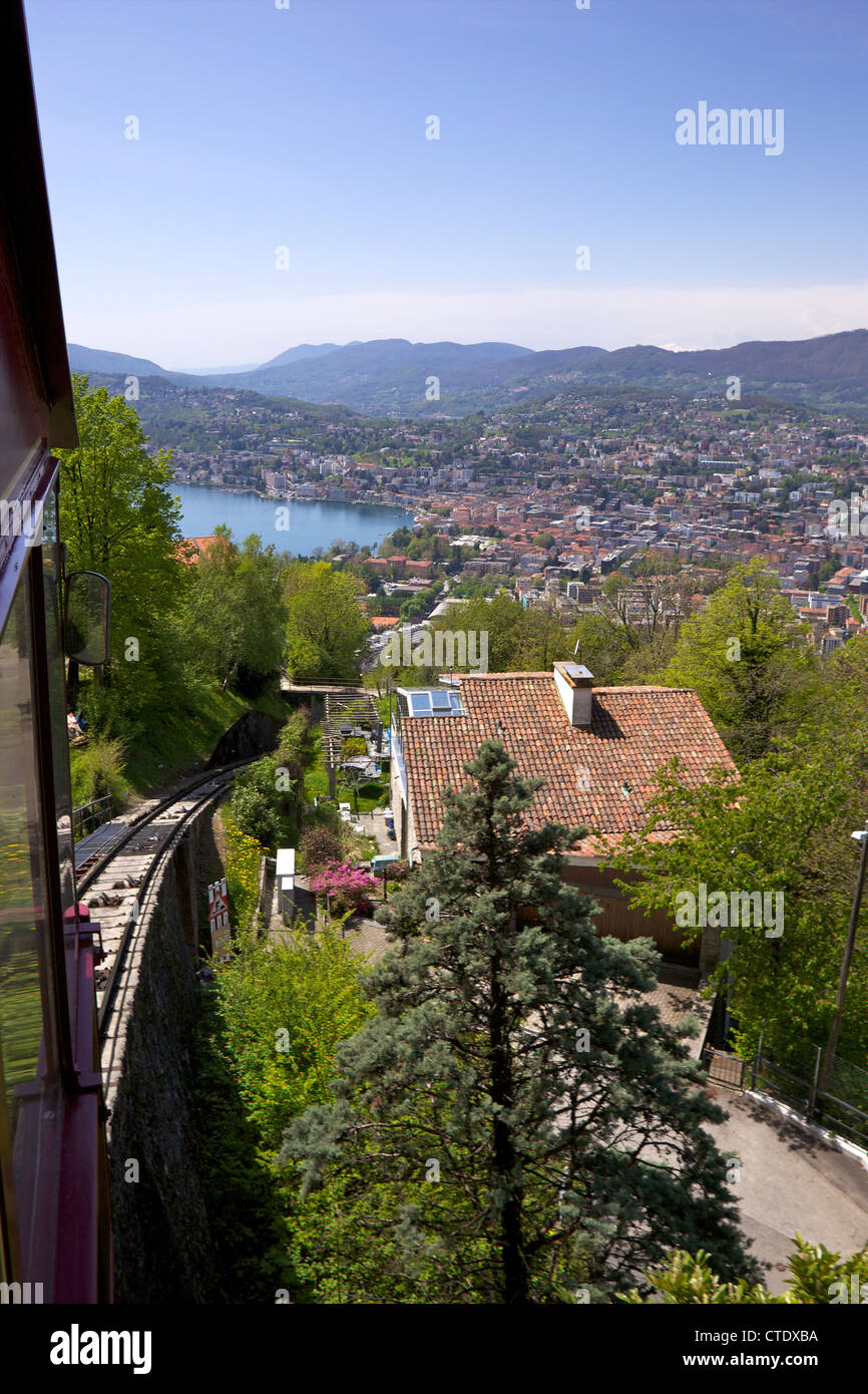 View of Monte Bre Funicular, Lake Lugano, Lugano, Ticino, Switzerland, Europe Stock Photo