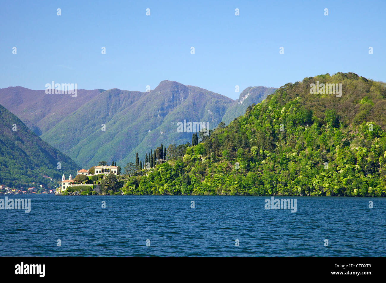 Villa del Balbianello on Punta di Lavedo in spring sunshine, Lake Como, Northern Italy, Europe Stock Photo