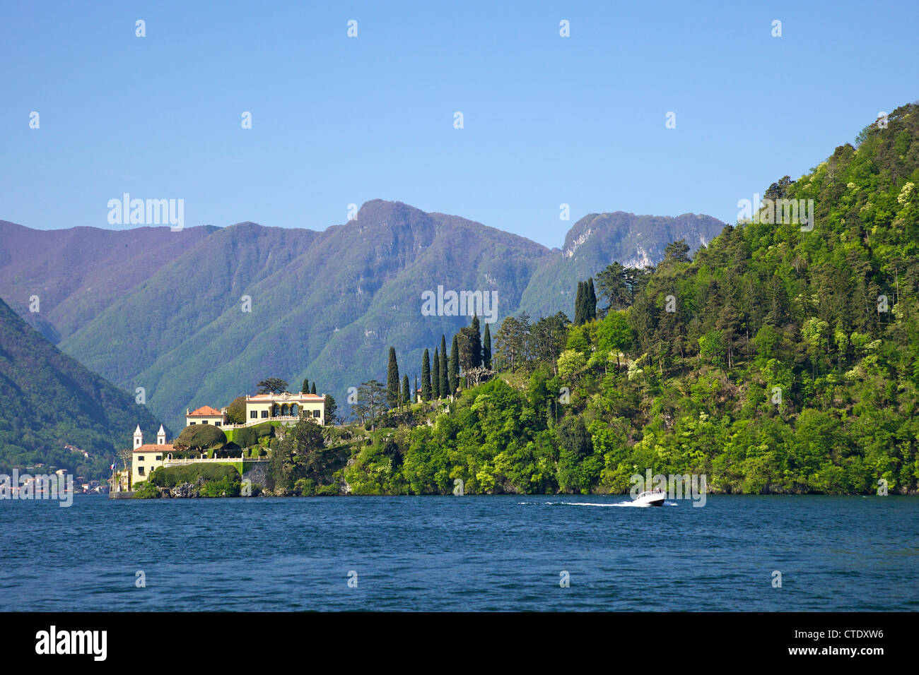 Villa del Balbianello on Punta di Lavedo in spring sunshine, Lake Como, Northern Italy, Europe Stock Photo