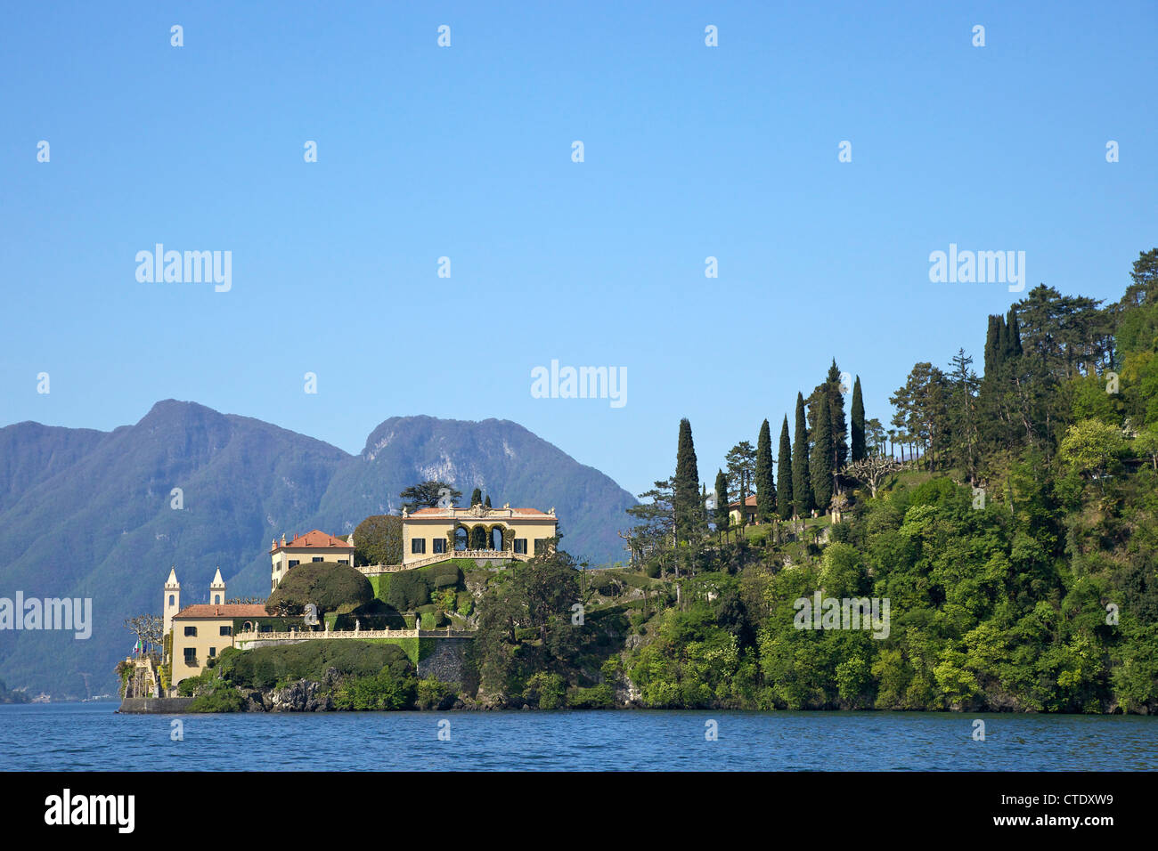 Villa del Balbianello on Punta di Lavedo in spring sunshine, Lake Como, Northern Italy, Europe Stock Photo