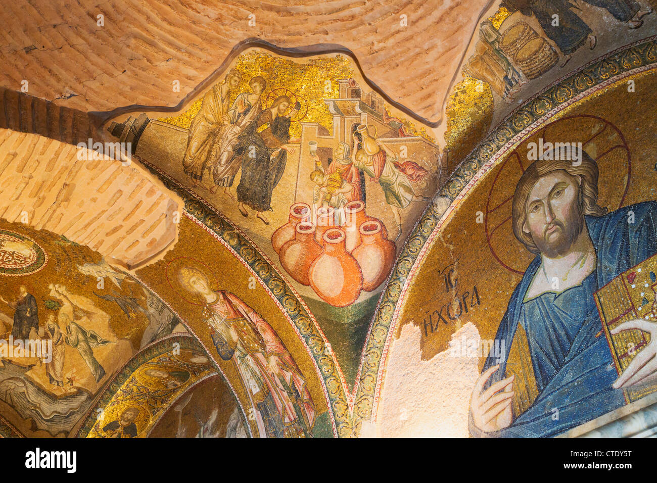 Istanbul, Turkey. Byzantine Church of St. Saviour in Chora. Mosaics, including Miracle of Wine and Water and Jesus Christ. Stock Photo