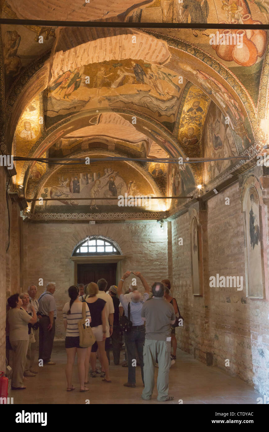 Istanbul, Turkey. Byzantine Church of St. Saviour in Chora. Visitors admiring mosaics and frescoes. Stock Photo