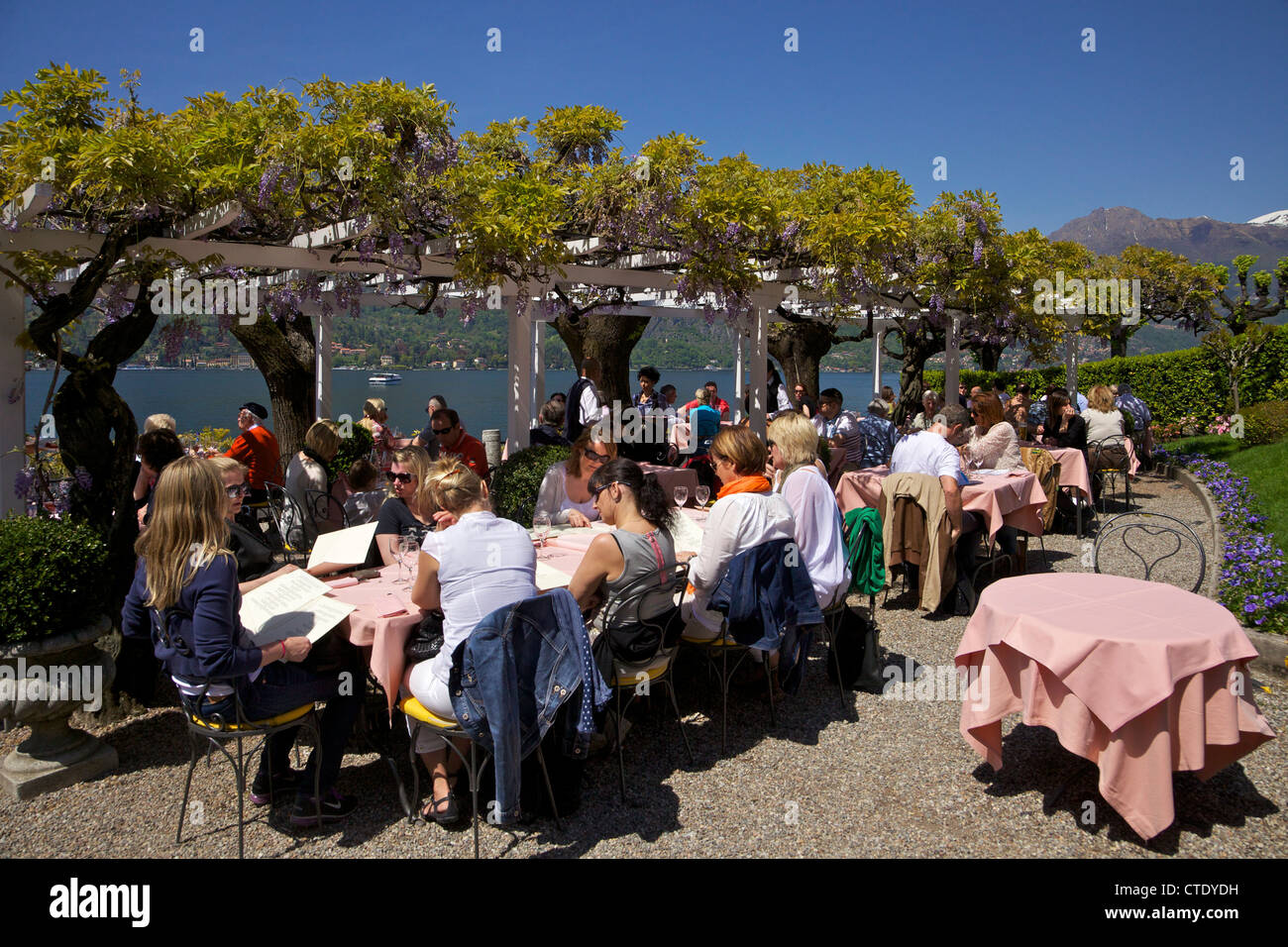Al Fresco dining by Lake Como, Bellagio, Northern Italy, Europe Stock