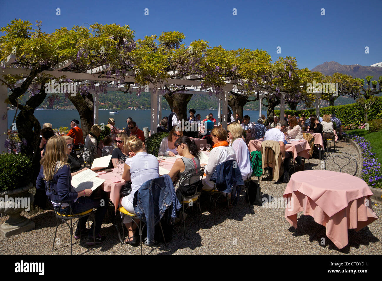 Al Fresco dining by Lake Como, Bellagio, Northern Italy, Europe Stock Photo