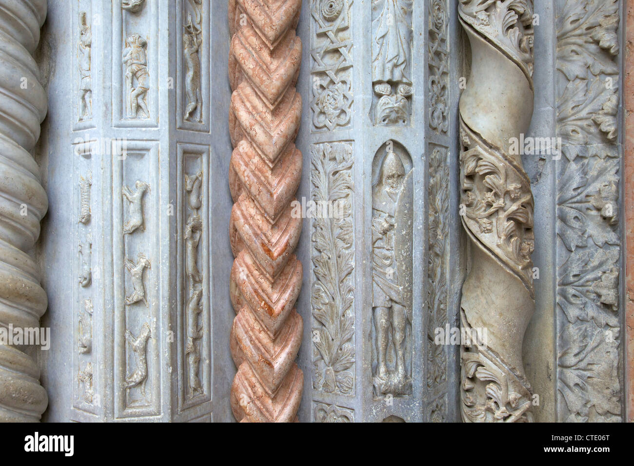 Ornate columns, Giovanni da Campione's porch, Santa Maria Maggiore church, Bergamo, Lombardy, Italy Stock Photo