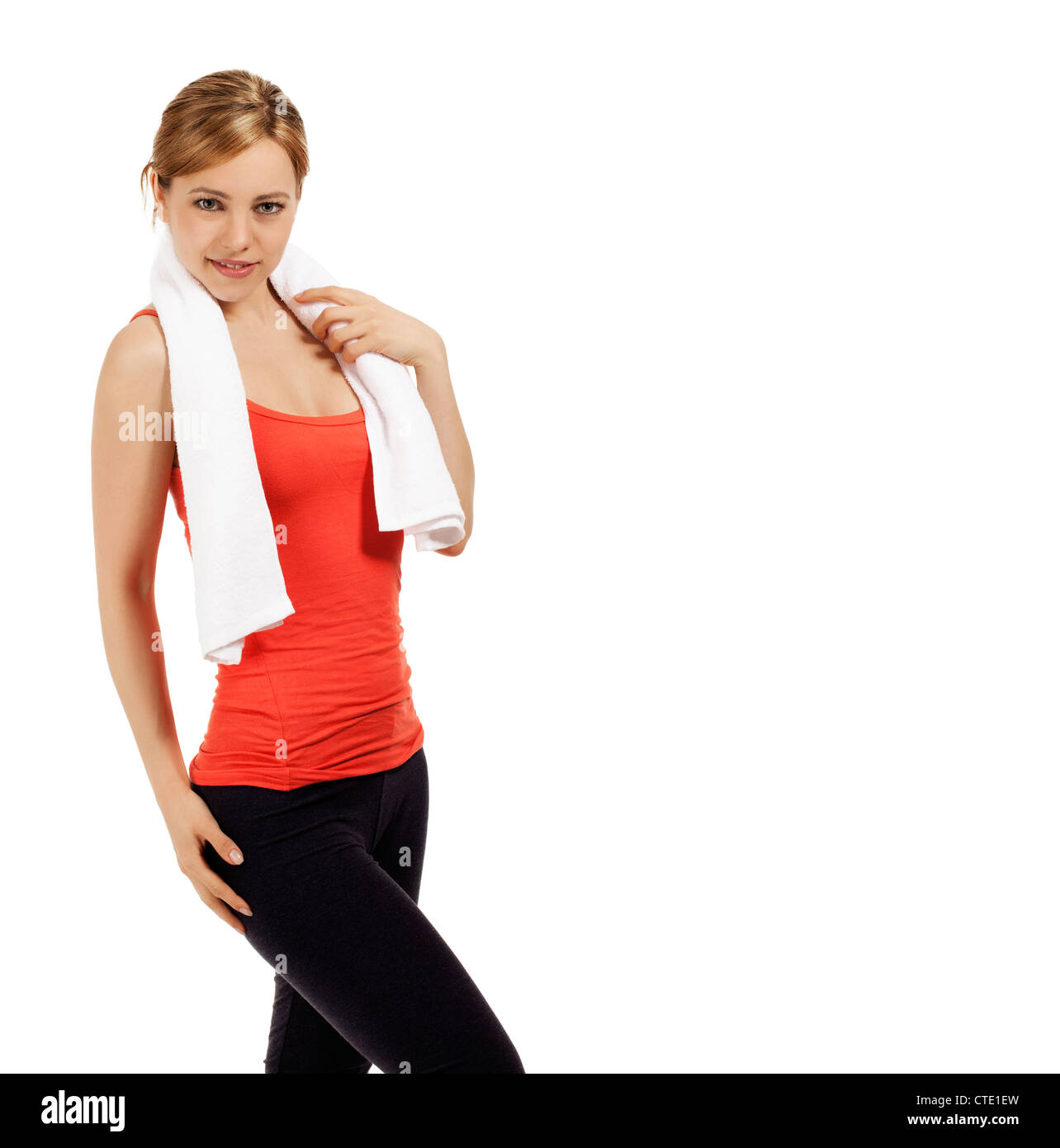 young sporty woman with a white towel on white background Stock Photo ...