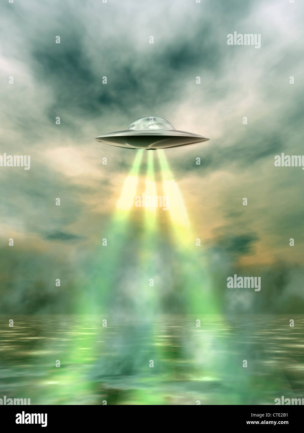 Illustration of a vintage style flying saucer with green beams of light
