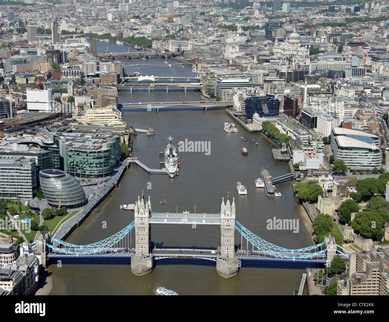 aerial view of London centre with the River Thames, Tower Bridge and County Hall Stock Photo