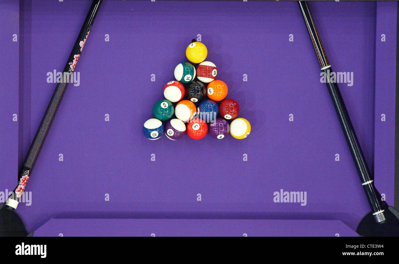 Pool table, cues and balls at the 2012 Ideal Home Show exhibition in Earls Court London Stock
