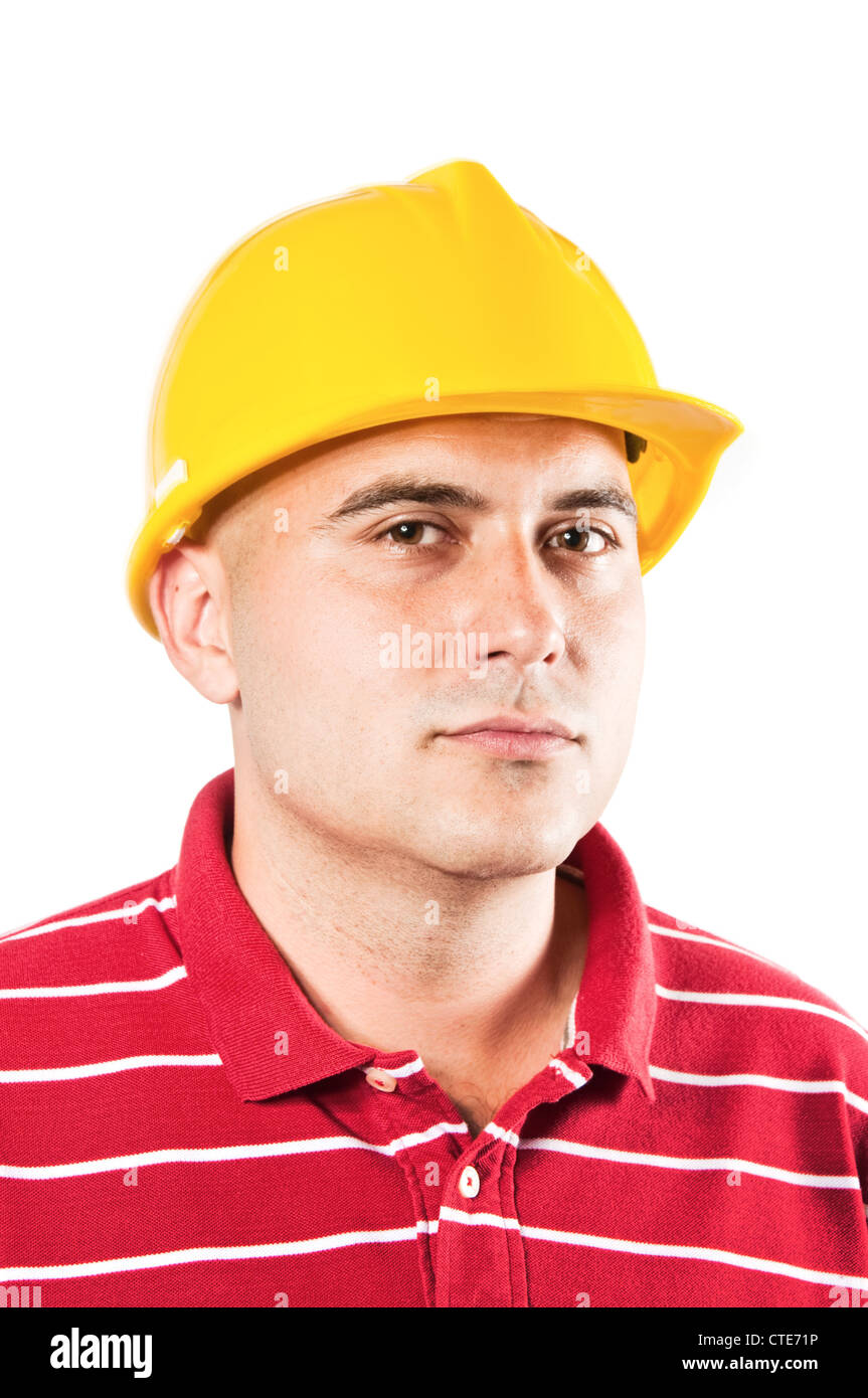 Young construction worker in red shirt wearing yellow hard hat safety