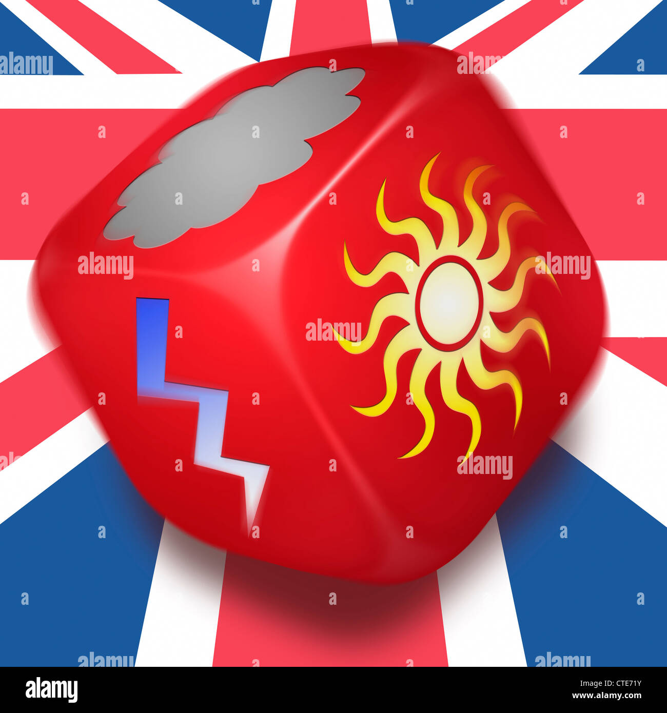 Rolling dice on a Union Jack Flag background with various weather symbols printed on each side. Sun, Thunder/Lightning and Cloud Stock Photo
