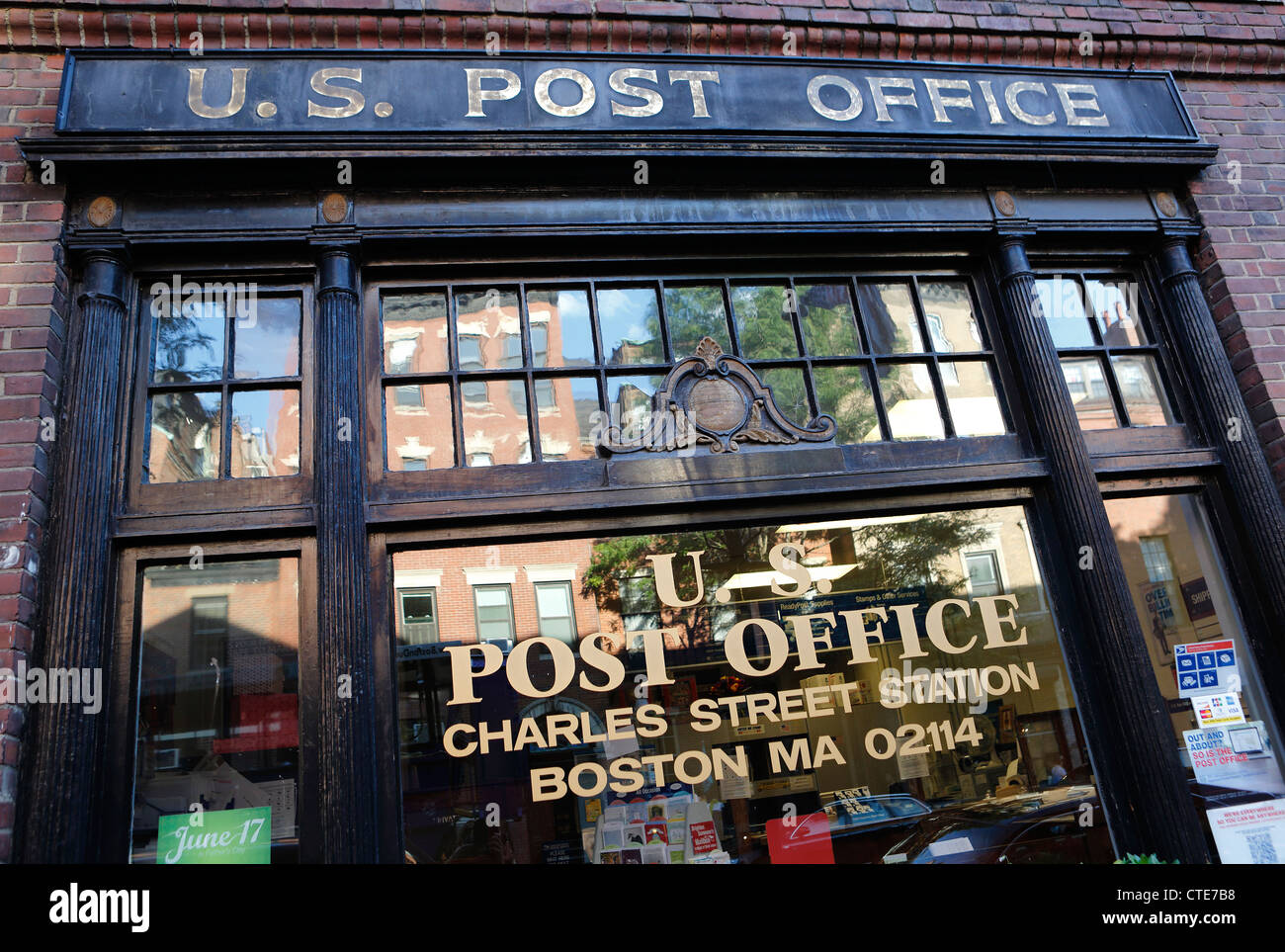 U.S. Post office front window, Charles Street, Boston, Massachusetts Stock Photo