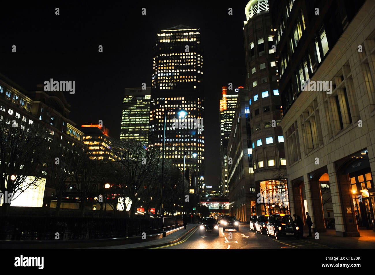 Canary Wharf London at night Stock Photo