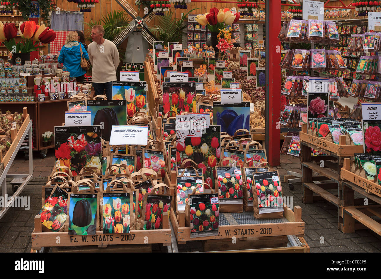 Tulip bulbs for sale in Amsterdam. A shop sells many kinds of bulbs as well as souvenirs to tourists. Stock Photo