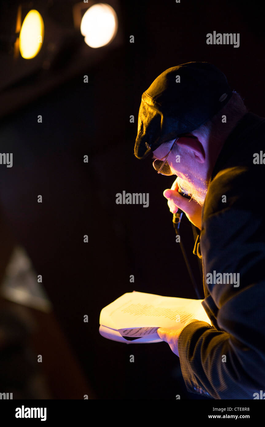 Stand up performance poets The Chilly Dogs reading poems at Floodstock ...