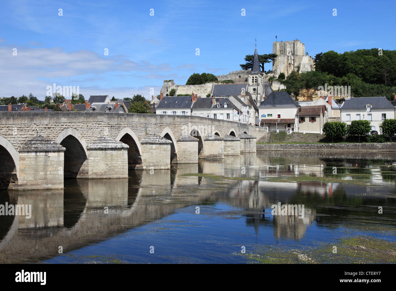 French Town Of Montrichard Sur Cher Seen Reflected In River Cher Stock 