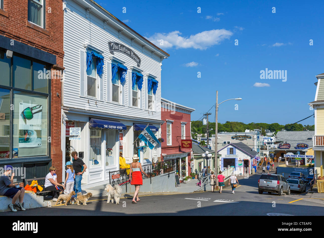 View down Wharf Street in Boothbay Harbor, Lincoln County, Maine, USA Stock Photo