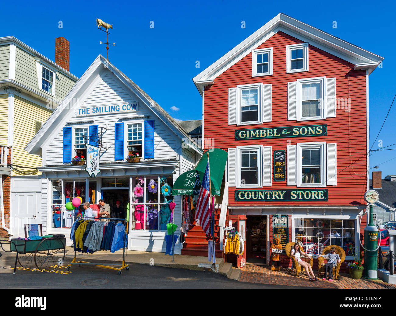 Traditional shops on Wharf Street in Boothbay Harbor, Lincoln County, Maine, USA Stock Photo