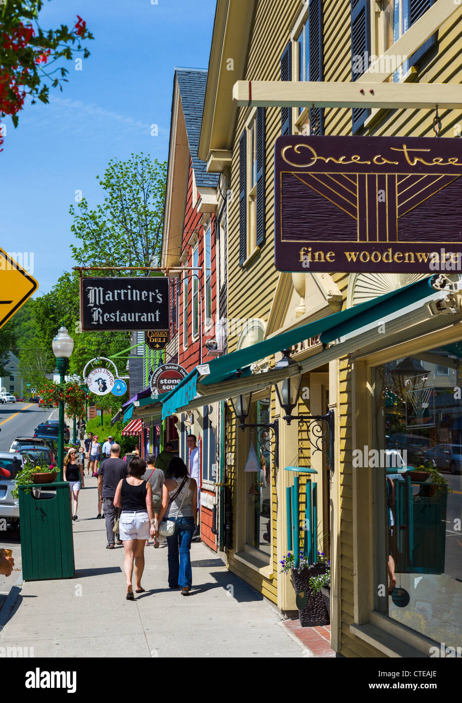 Shops and restaurants on Main Street in Camden, Knox County, Maine, USA Stock Photo